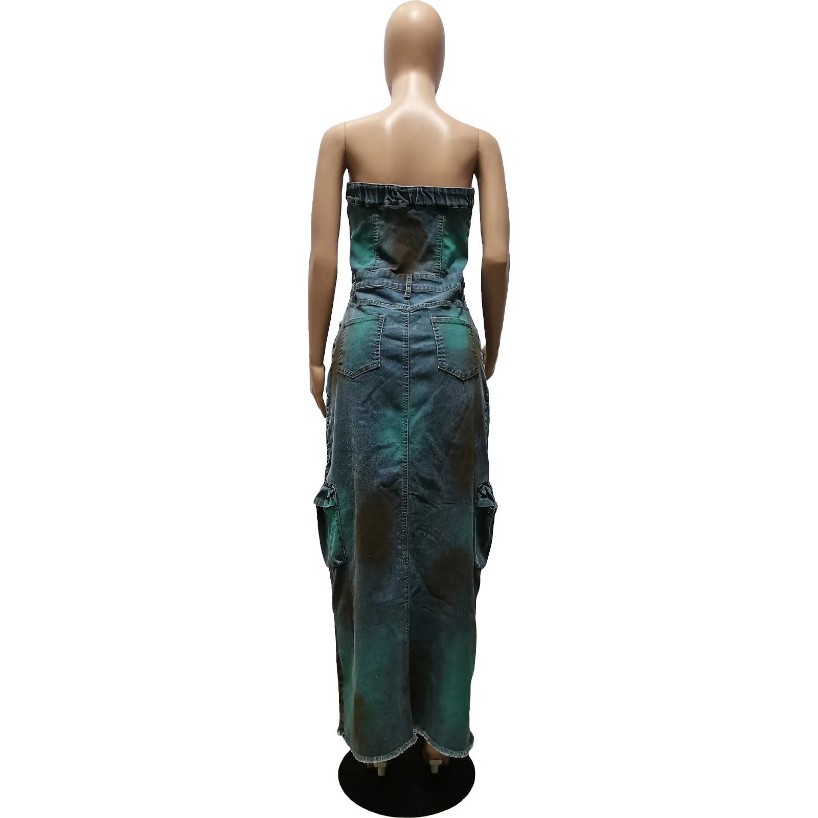 FZ Women's Multi Pockets Strapless Casual Maxi Split Denim Dress