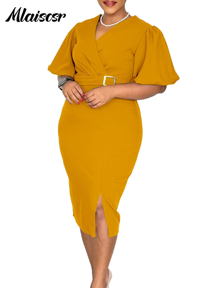 FZ Women's V Neck Short Sleeve Belt Waisted Mid Church Dress