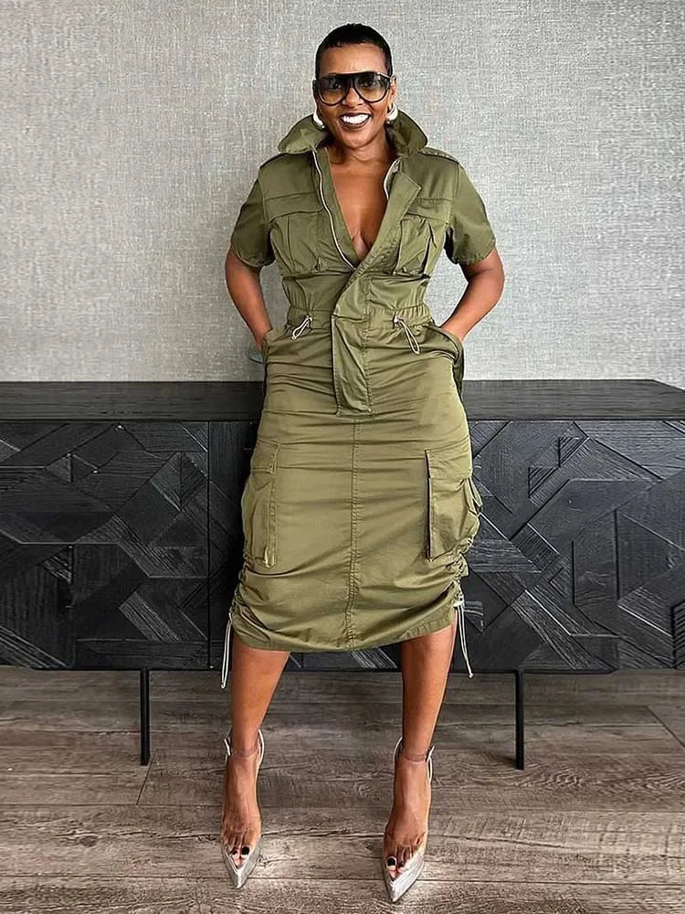 FZ Women's Drawstring Waist Pocket High Street Vintage Retro Midi Dress