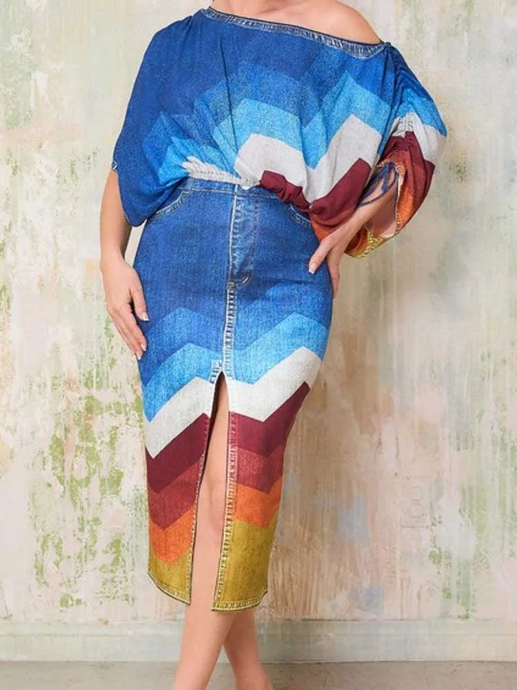 FZ Women's Streetwear Open Split 2 Piece Denim Print Skirt Suit