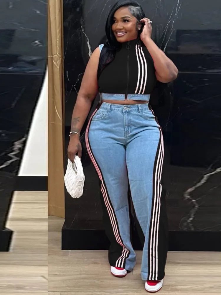 FZ Women's Sleeveless Wide Leg Two Piece Denim Pants Suit