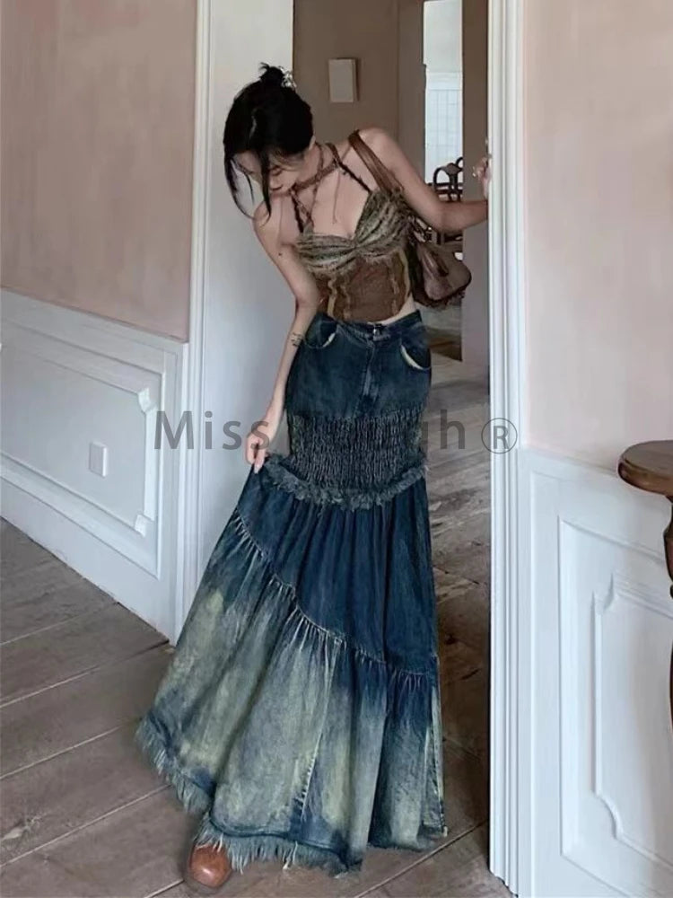 FZ Women's Patchwork Fishtail High Waist Retro Vintage Denim Skirt DSers