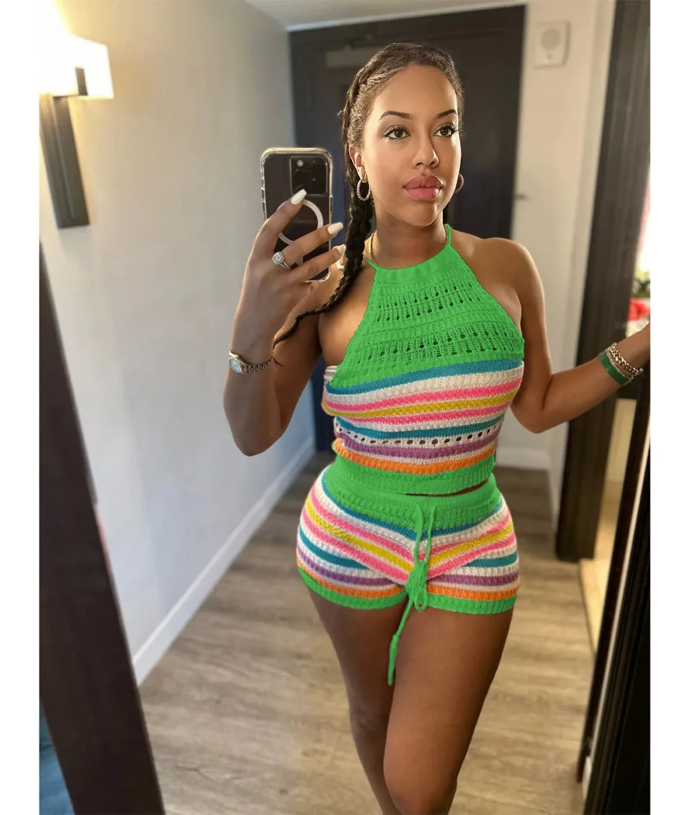 FZ Women's Sweet Stripe Print Knitting Two Piece Backless Shorts Suit - FZwear