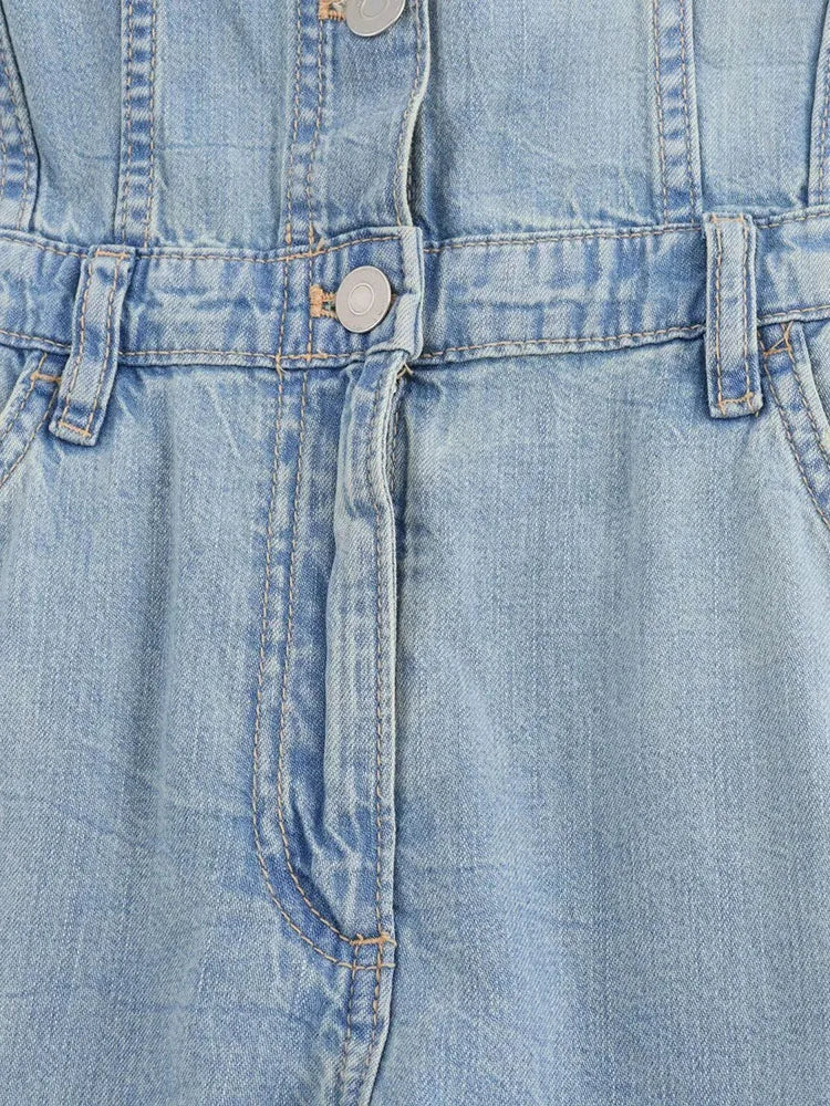 FZ Women's Washed Effect Metal Button Straight Denim Jumpsuit