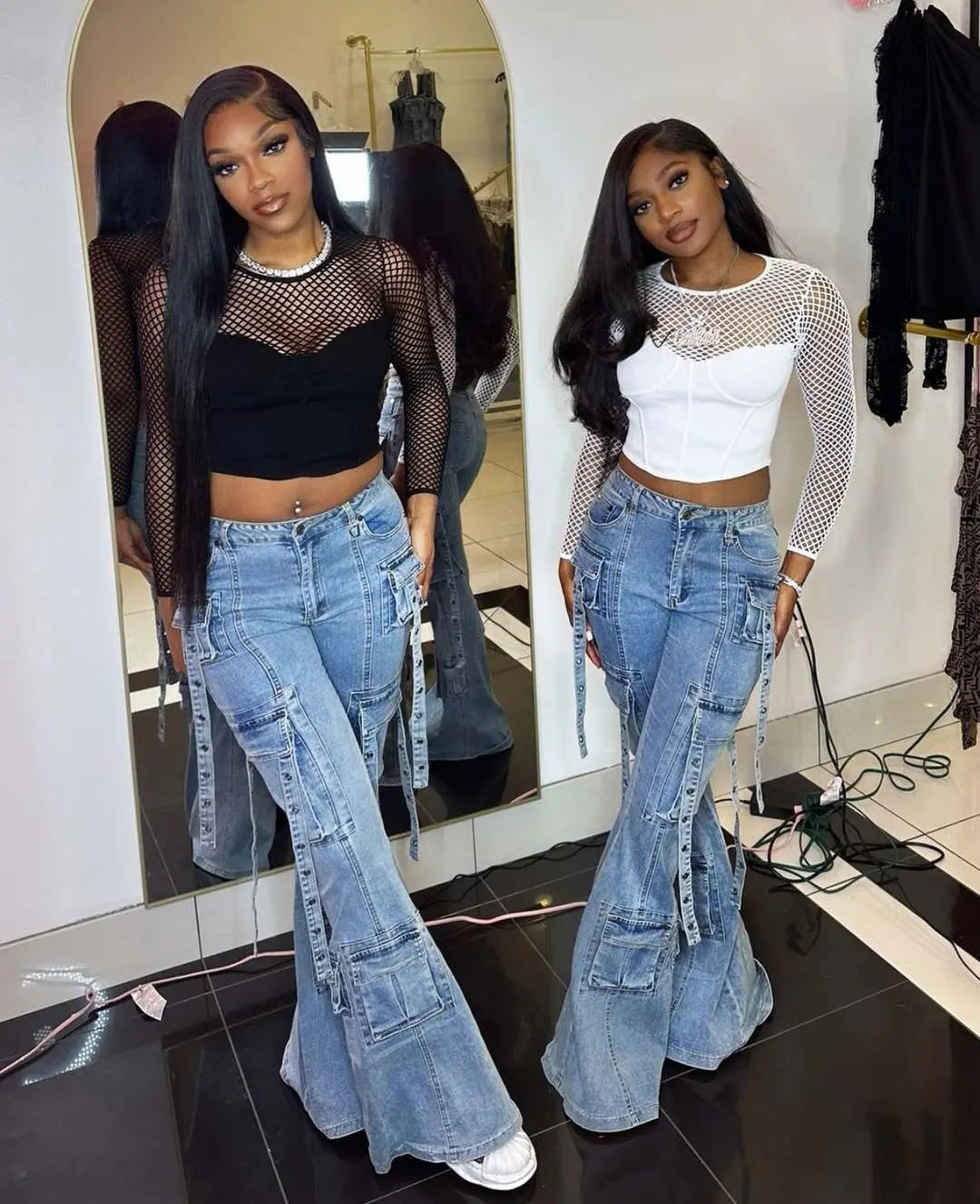 FZ Women's Multi Pockets High Waist Flare Denim Pants