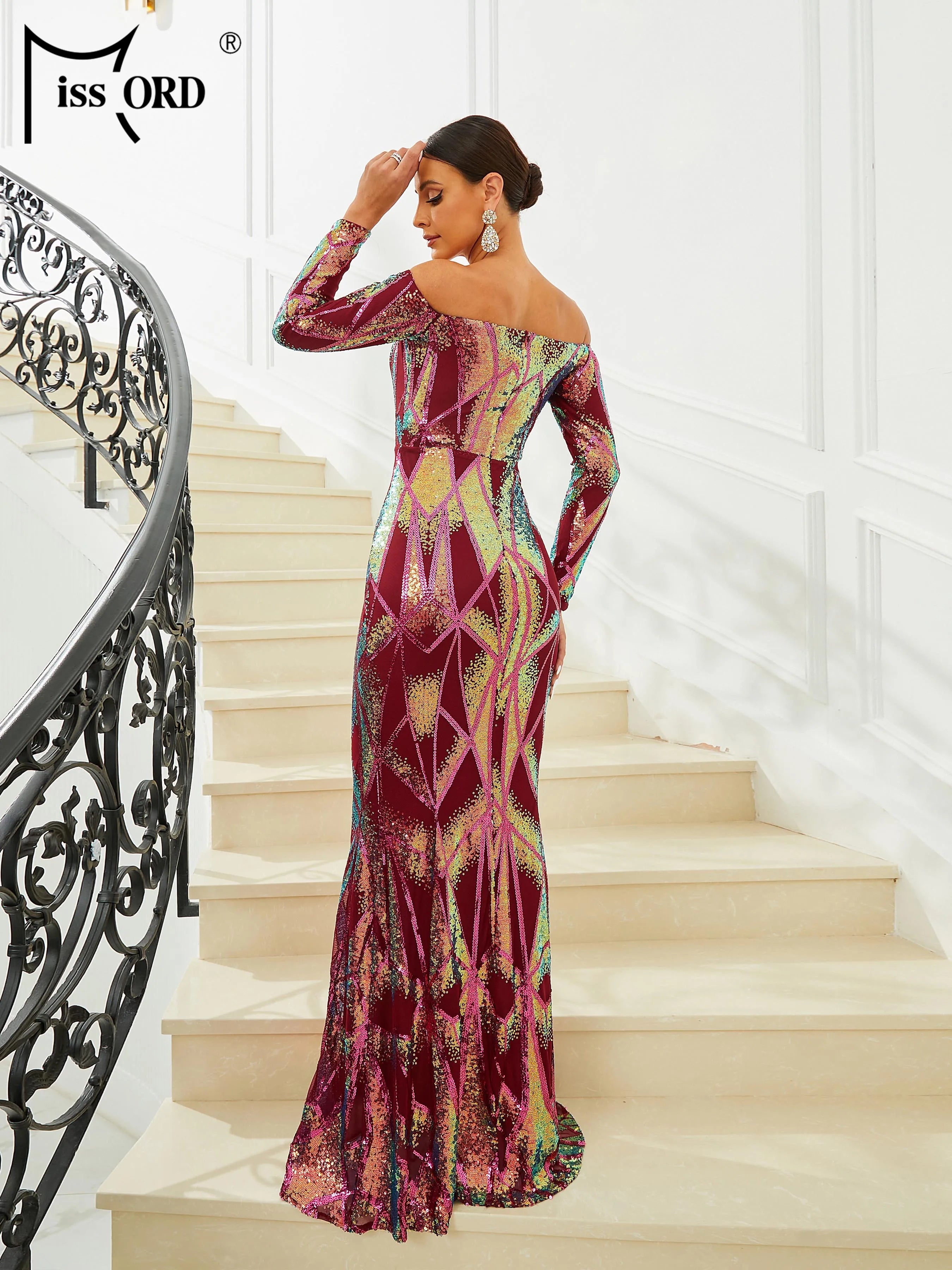 FZ Women's Elegant Red Print Sequin Mermaid Evening Dress - FZwear