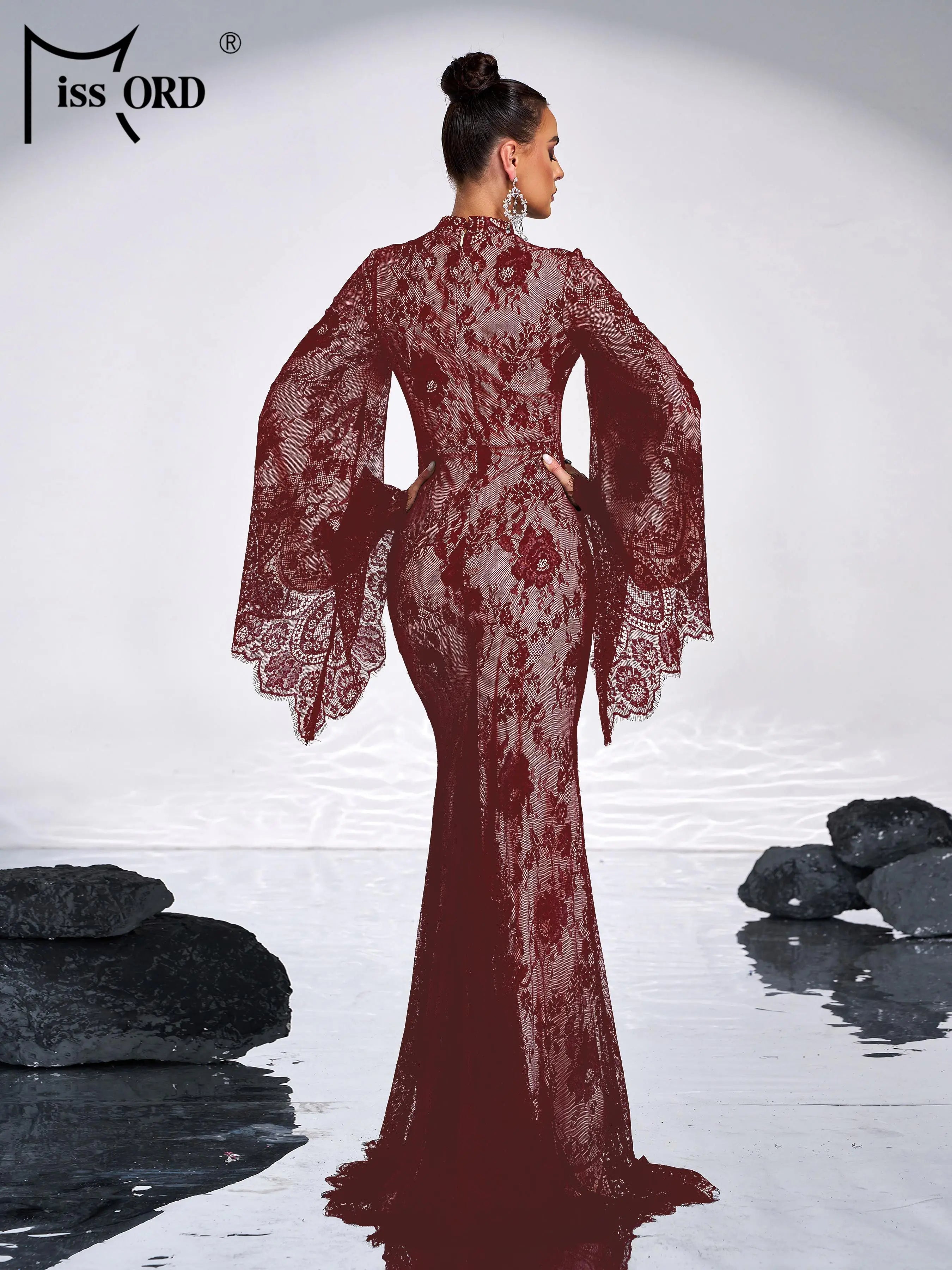 FZ Women's Round Neck Flare Sleeve Tulle Mermaid Cocktail Evening Dress