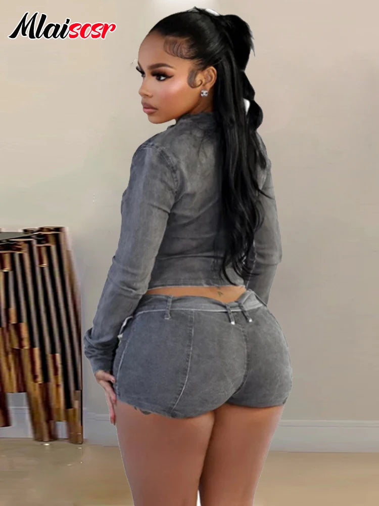 FZ Women's Jeans with Belt Two Pieces Streetwear Denim Shorts Suit