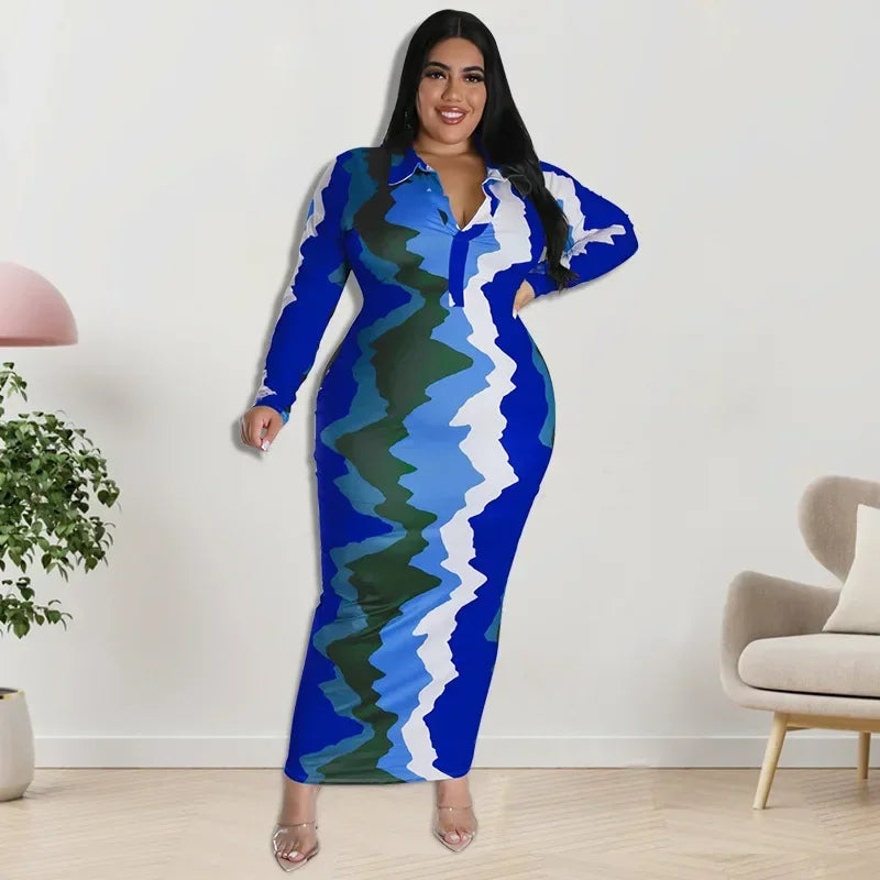 FZ Women's Plus Size Street Trend Wave Print Lapel Maxi Dress