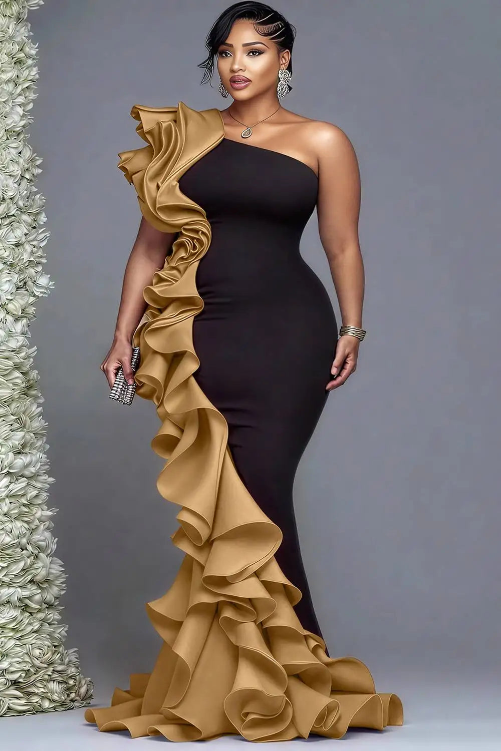 FZ Women's Plus Size Formal One Shoulder Ruffle Maxi Dress