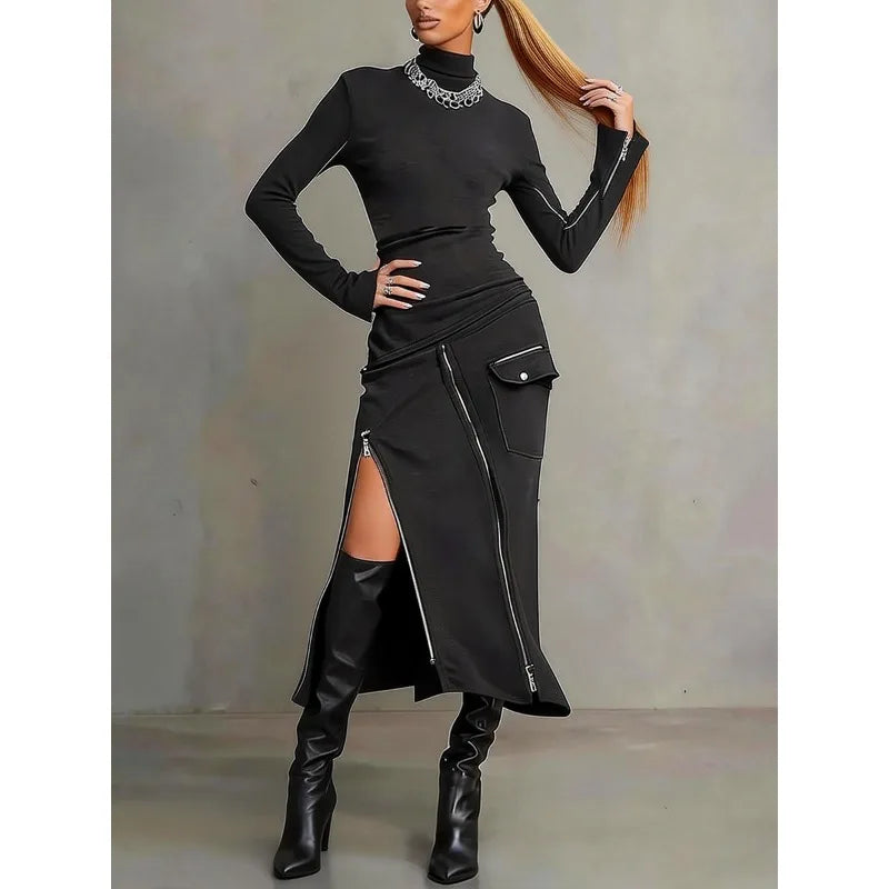 FZ Women's Asymmetric Y2k Turtleneck Long Sleeve Streetwear Dress