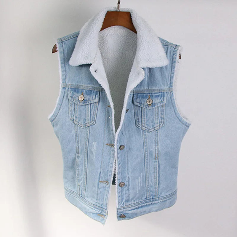 FZ Women's Slim Fit Lamb Fur Thickened Sleeveless Denim Jacket