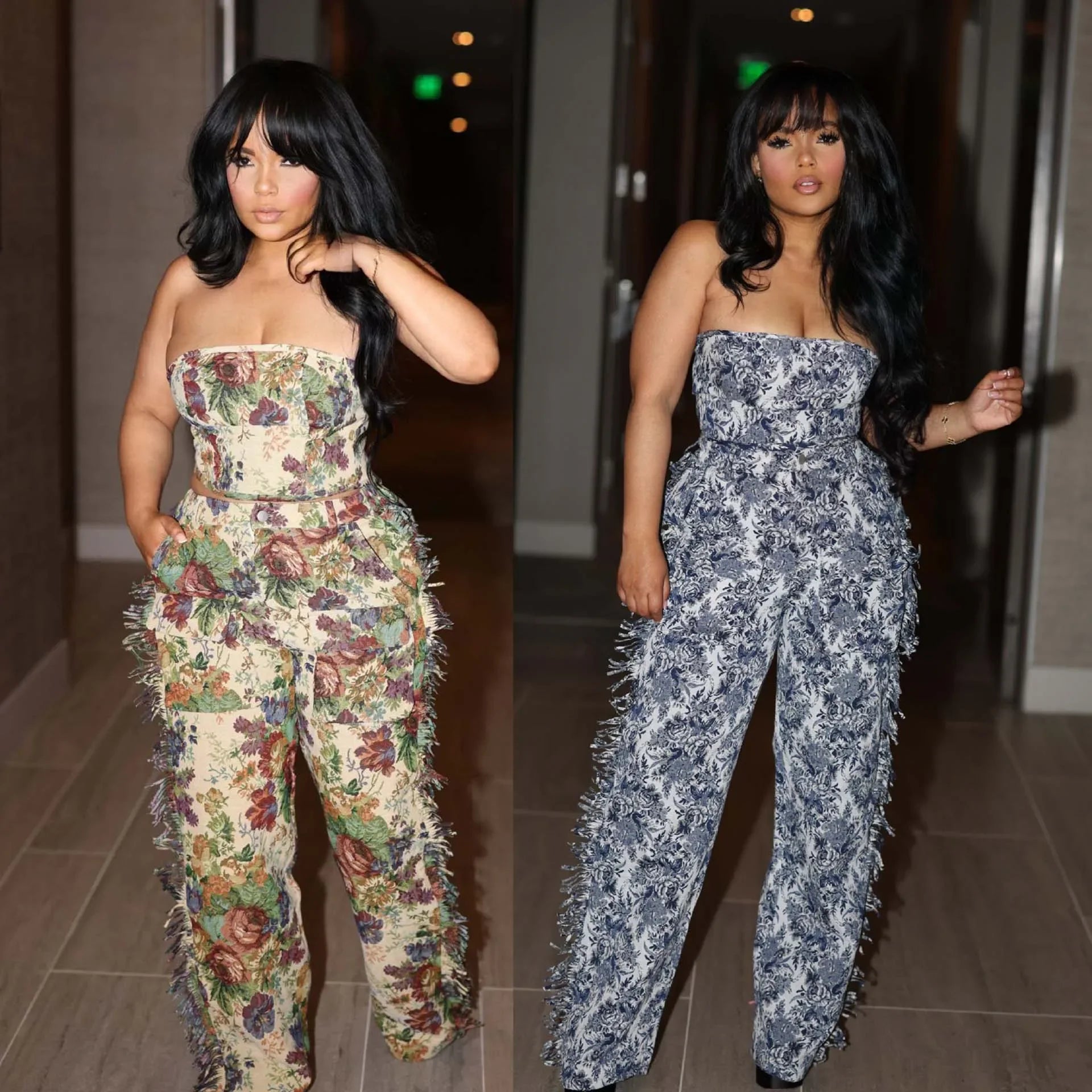 FZ Women's Flower Fringe Wide Leg Two Piece Pant Suit