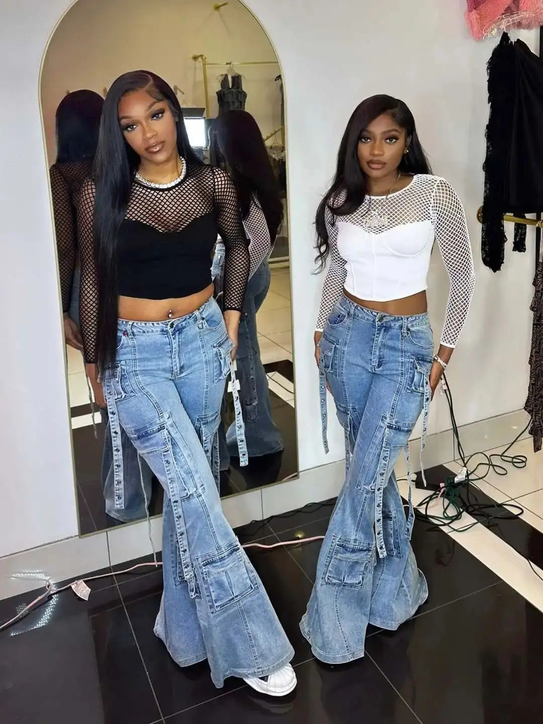 FZ Women's Multi Pockets High Waist Flare Denim Pants