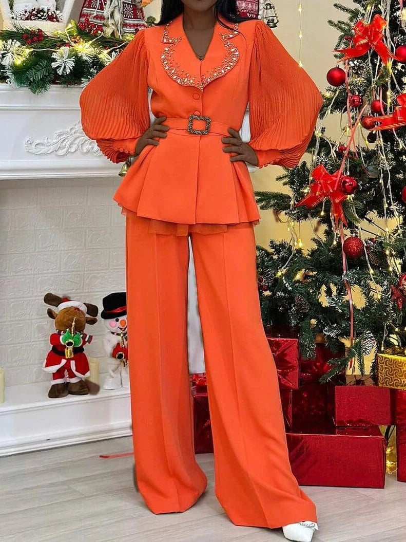 FZ Women's White Diamond Long Sleeve Blazer Pants Suit