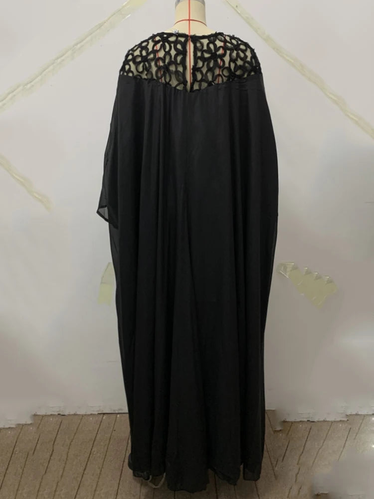 FZ Women Batwing Sleeves Loose Jacquard See-Through Shoulder Maxi Dress