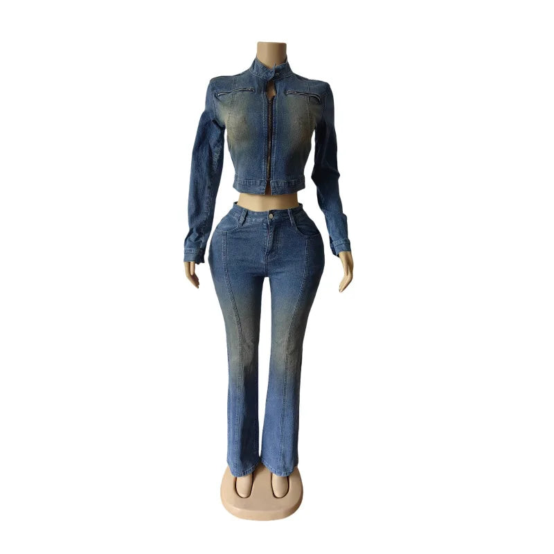FZ Women's Streetwear Two Piece Denim Pants Suit