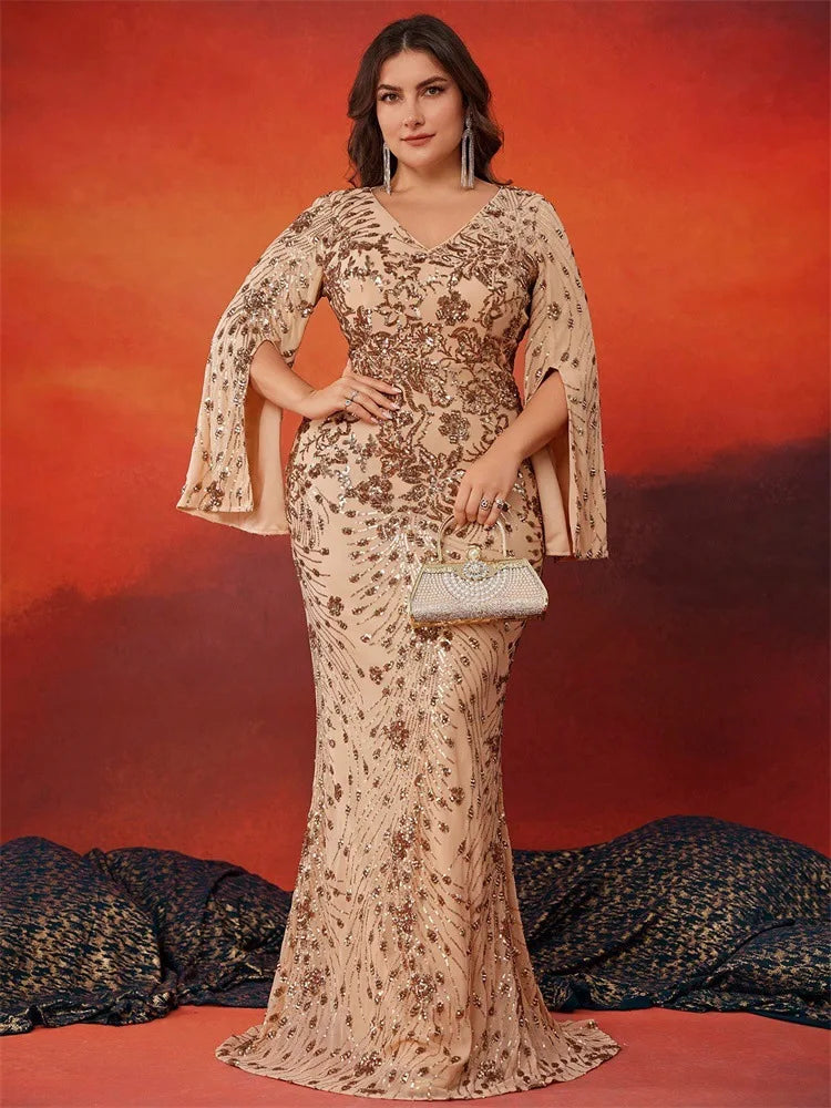 FZ Women's Plus Size Embroidery Long Sleeve Mermaid Sequins Evening Dress