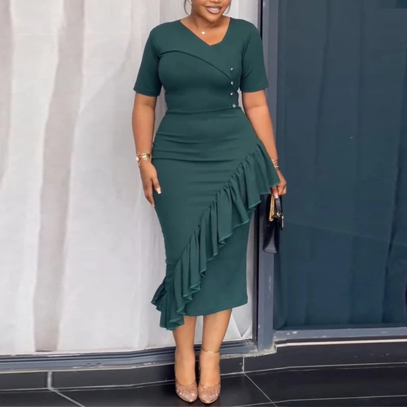 FZ Women's Asymmetrical Neck Short Sleeves Ruffles Cocktail Midi Dress