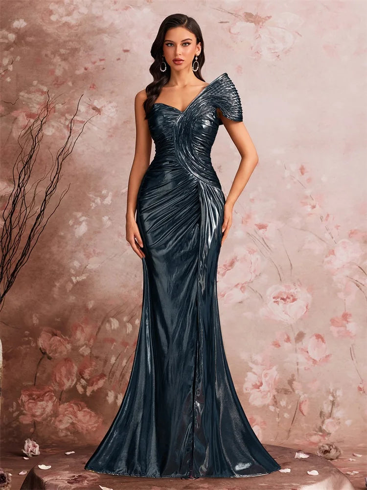 FZ Women's Slanted shoulder Waist-cinching Mermaid Maxi Evening Dress