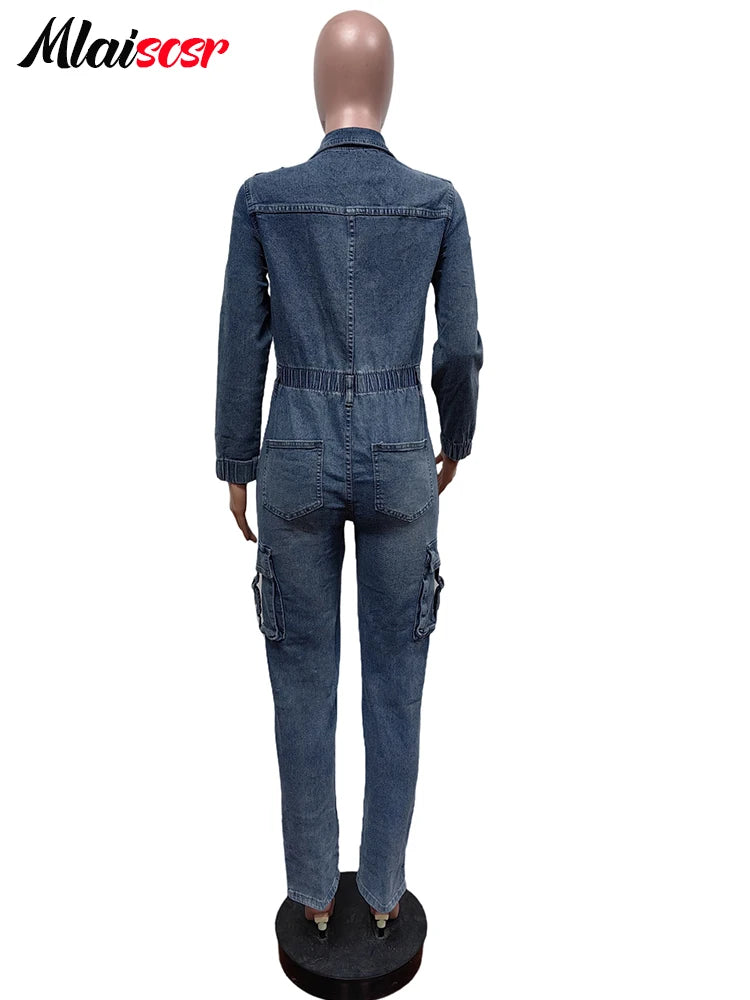 FZ Women's Winter Zipper Elastic Waist One Piece Stretch Denim Jumpsuit