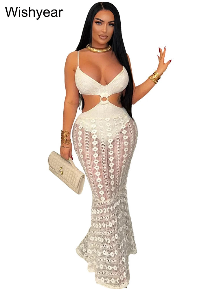 FZ Women's Spaghetti Strap V-Neck Hollow Out Lace See Through Maxi Dress