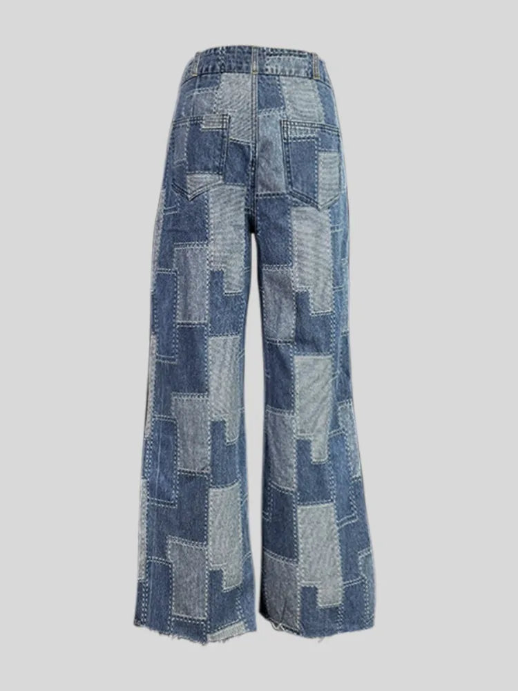 FZ Women's Plaid Contrast Loose Buttoned High Waist Wide Leg Imitation Denim Pants