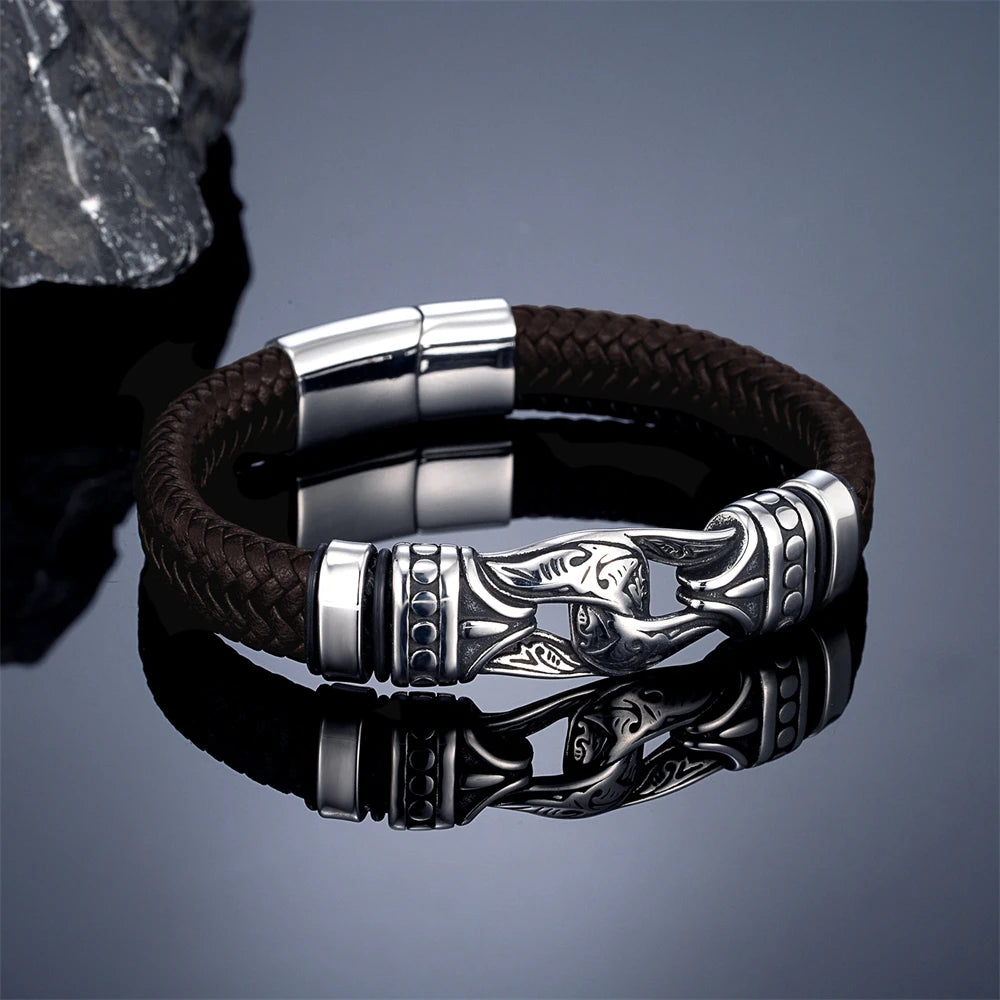 FZ Men's Leather Weaved Stainless Steel Infinity Viking Bracelet