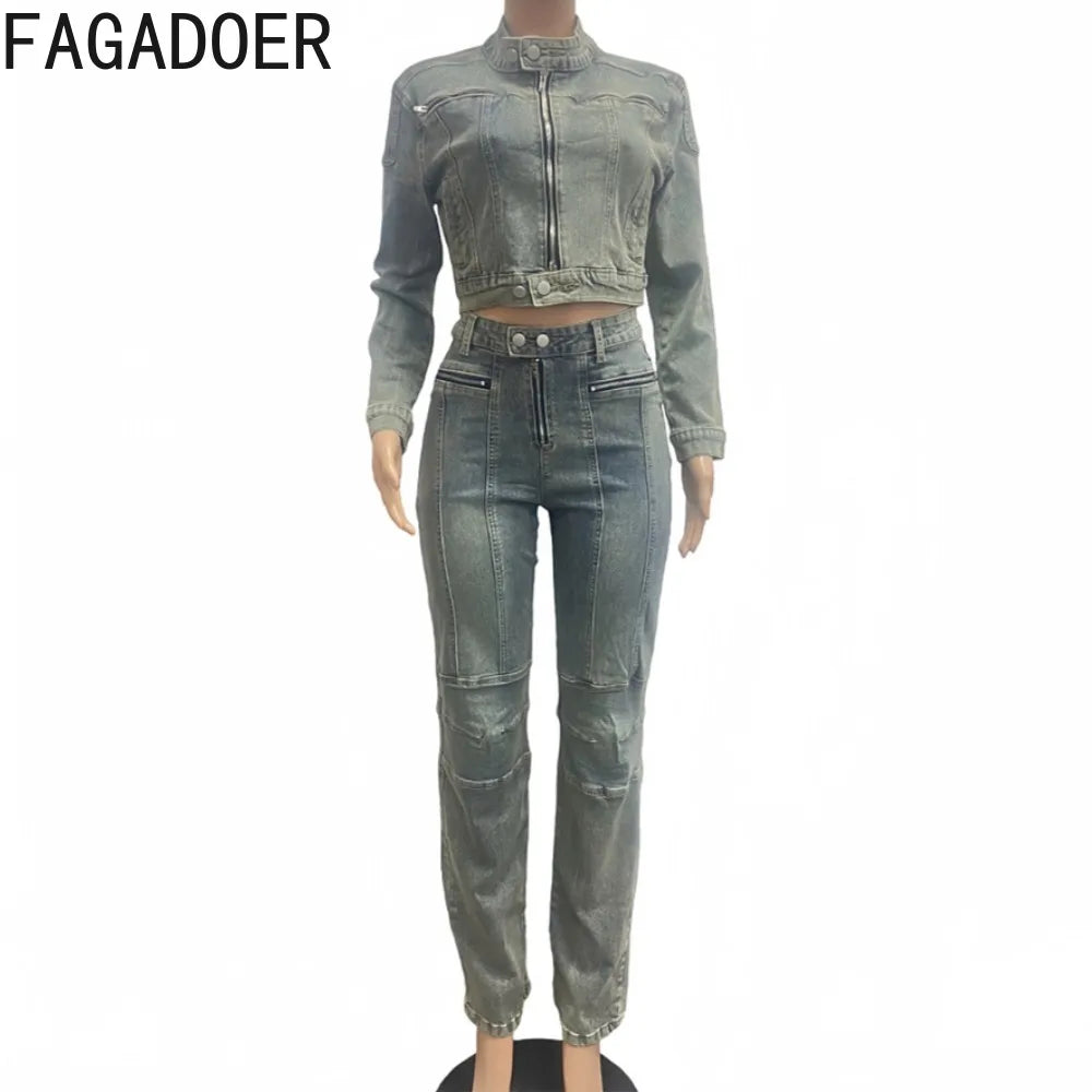 FZ Women's Solid Color Zip Long Sleeve Streetwear 2-Piece Denim Pants Suit