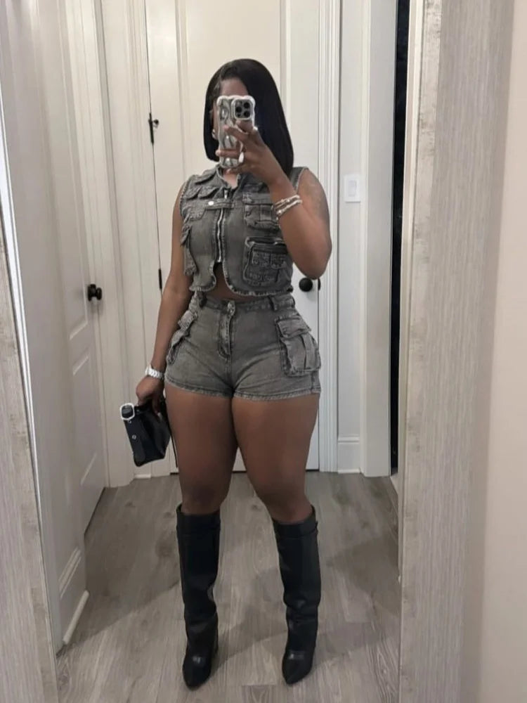 FZ Women's Stretch Sexy Tight Streetwear 2 Piece Denim Shorts Suit - FZwear