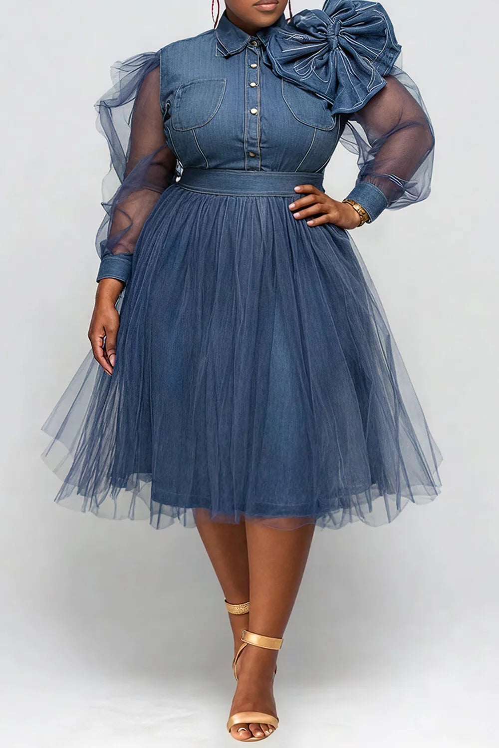 FZ Women's Plus Size Tulle Blue Long Sleeve 3D See Through Denim Midi Dress