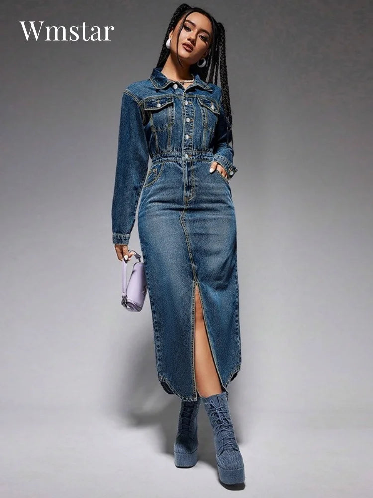 FZ Women's Long Sleeve Maxi Streetwear Denim Dress
