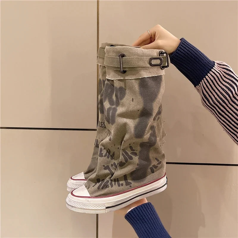FZ Women's Spring Graffiti High Round Head Anti-slip Canvas Boots