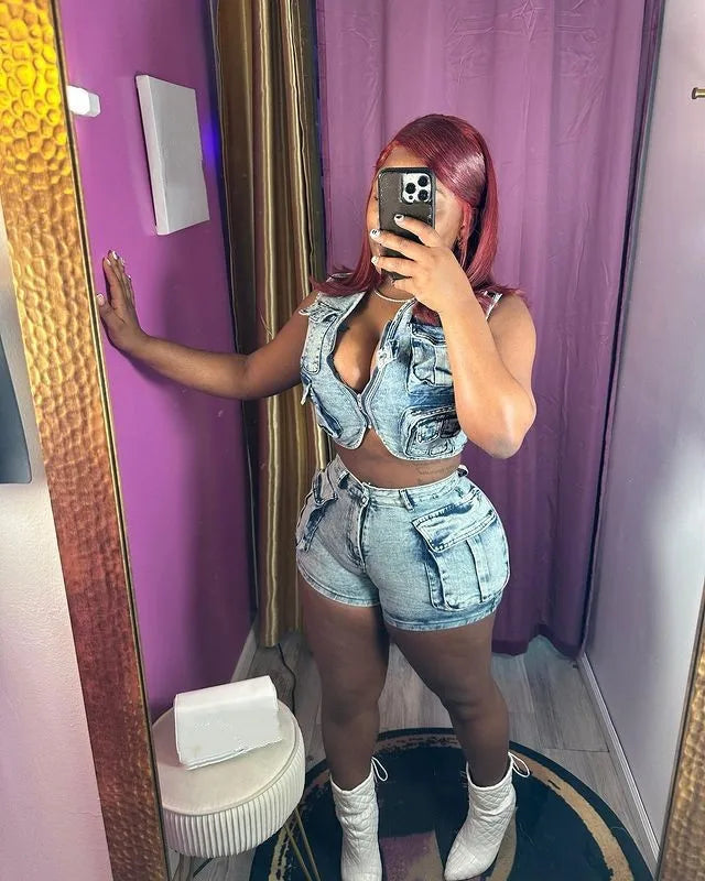 FZ Women's Stretch Sexy Tight Streetwear 2 Piece Denim Shorts Suit - FZwear