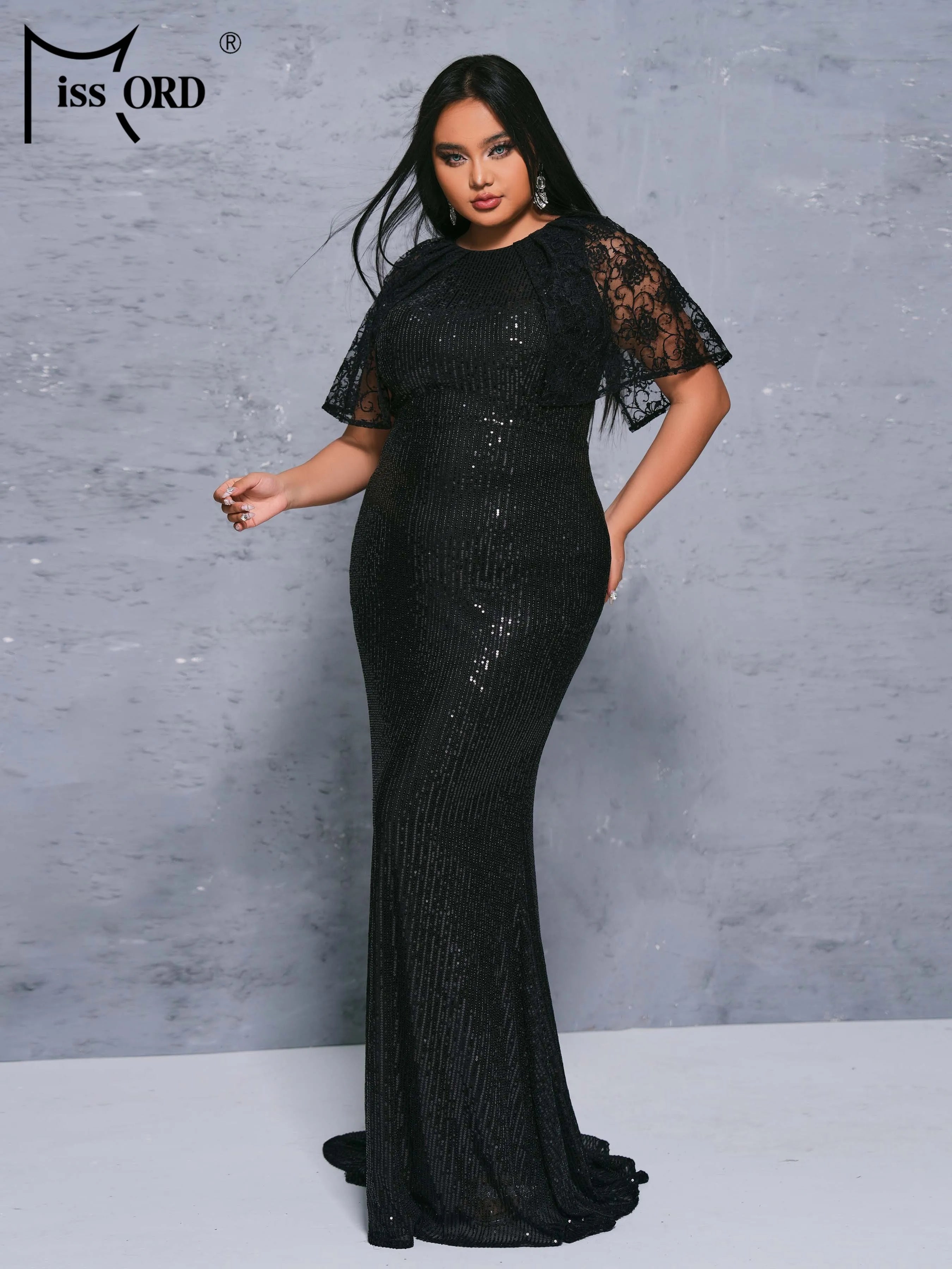 FZ Women's Plus Size Round Necked Sequin Short Sleeved Mermaid Evening Dress