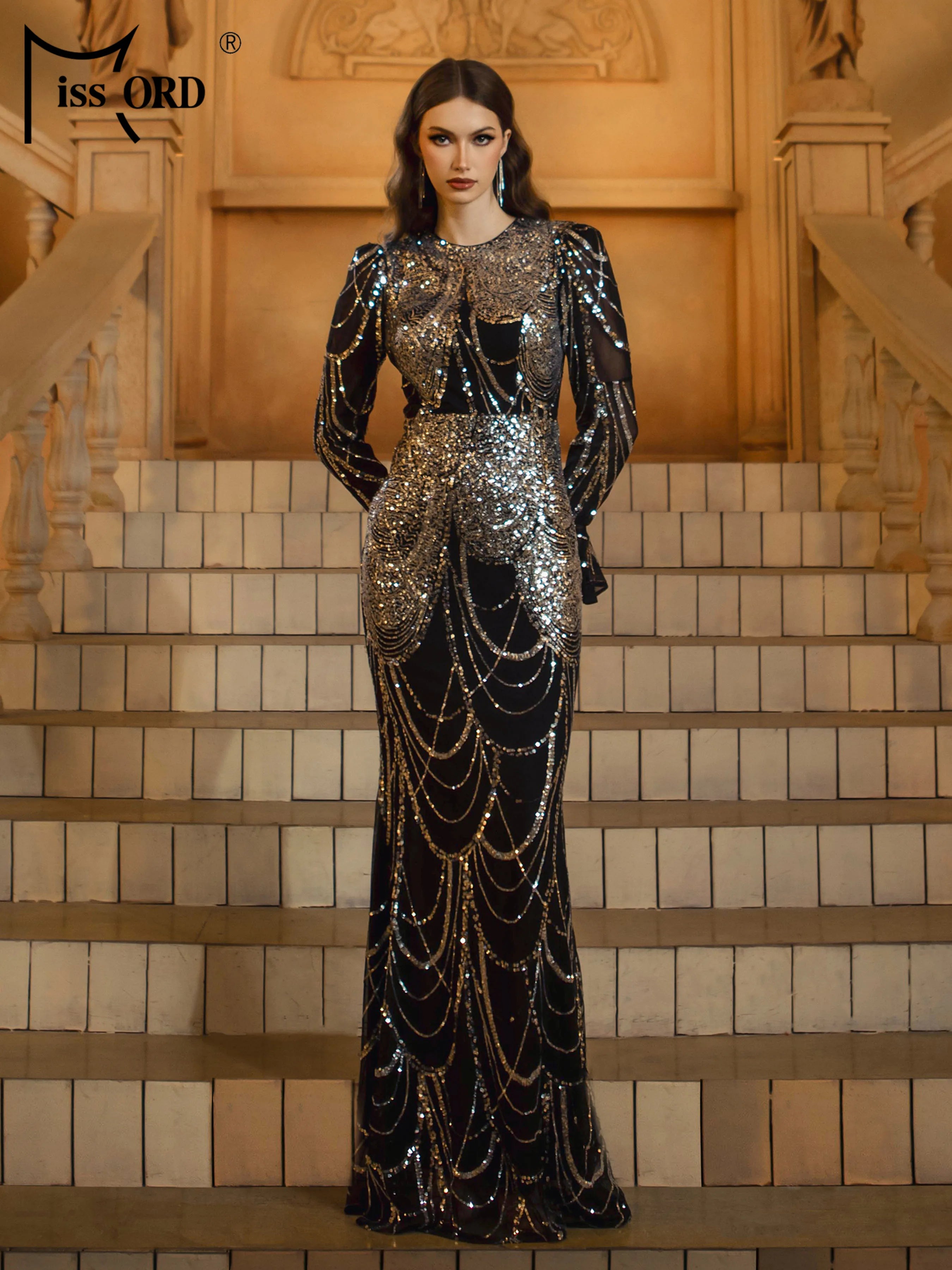 FZ Women's Round Neck Sequin Mermaid Cocktail Evening Dress