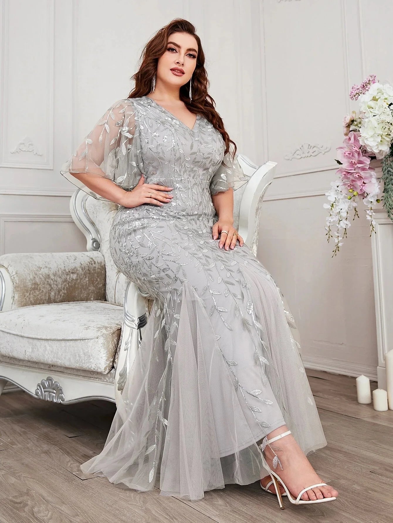 FZ Women's Plus Size Leaf Print Mesh Mermaid Evening Dress - FZwear