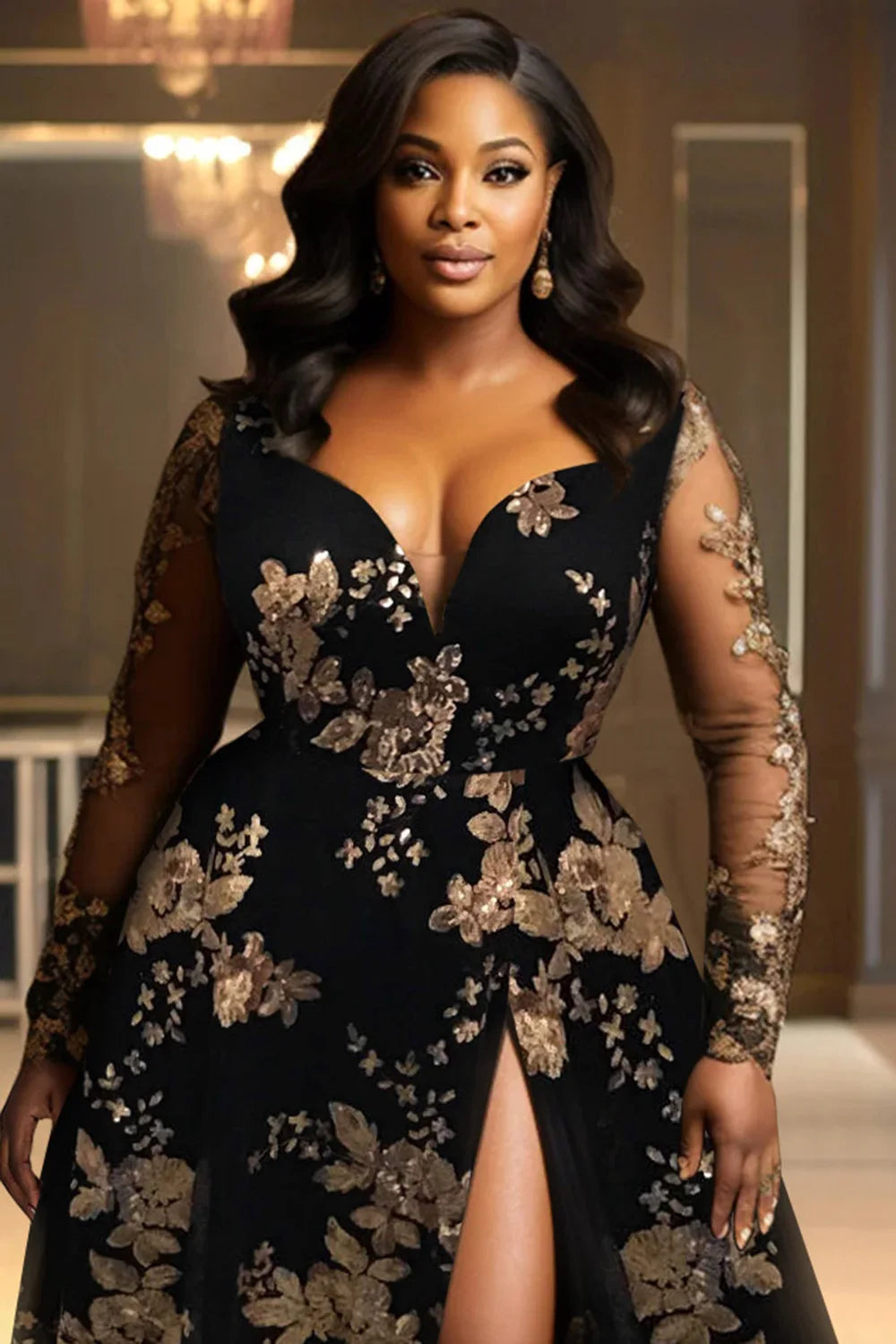 FZ Women's Plus Size V Neck Split See Through Long Sleeve Tulle Maxi Dress