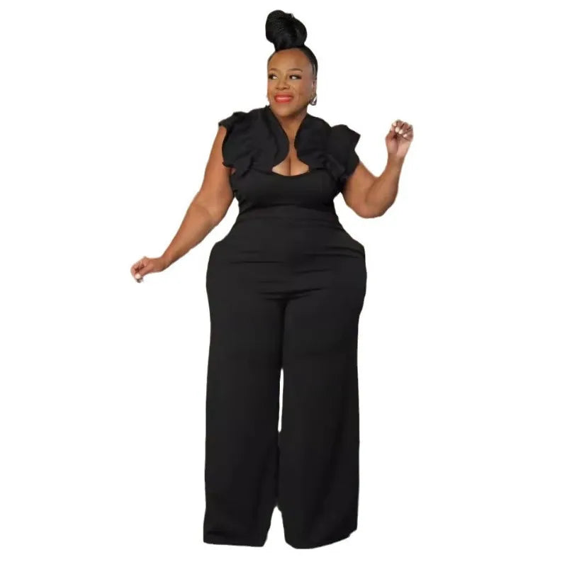 FZ Women's Plus Size V-Neck Sleeveless Wide Leg Streetwear One Piece Jumpsuit