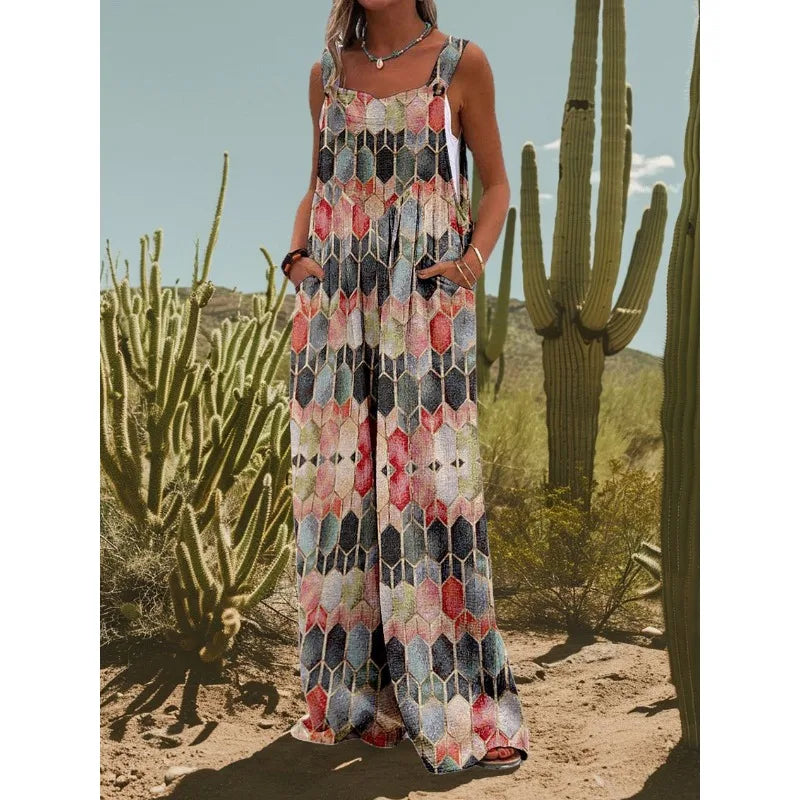 FZ Women's Vintage Flower Daisy Print Casual Strap Wide Leg Jumpsuit - 4 - FZwear