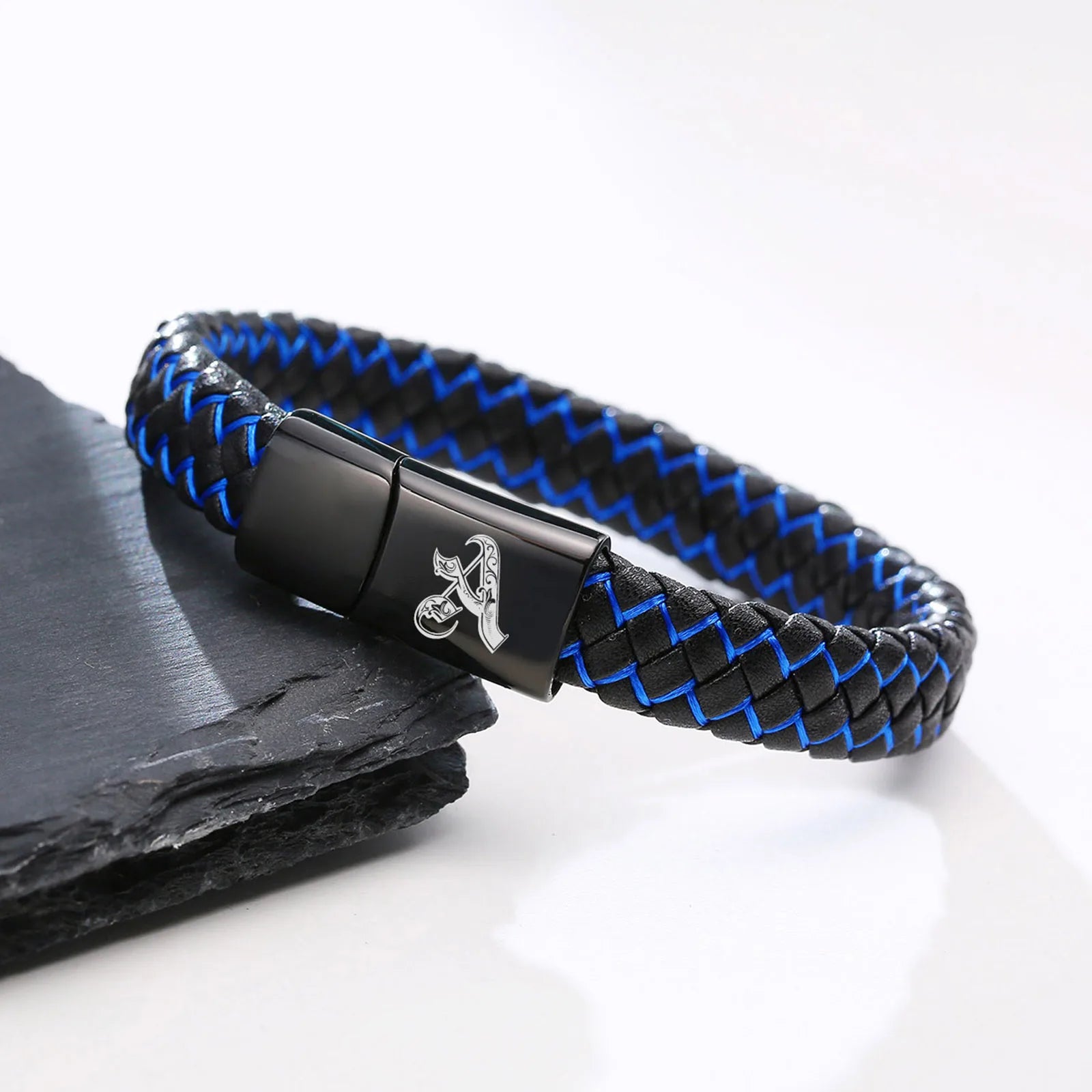 FZ Blue Black Braided Leather A-Z Initial Bracelet - FZwear