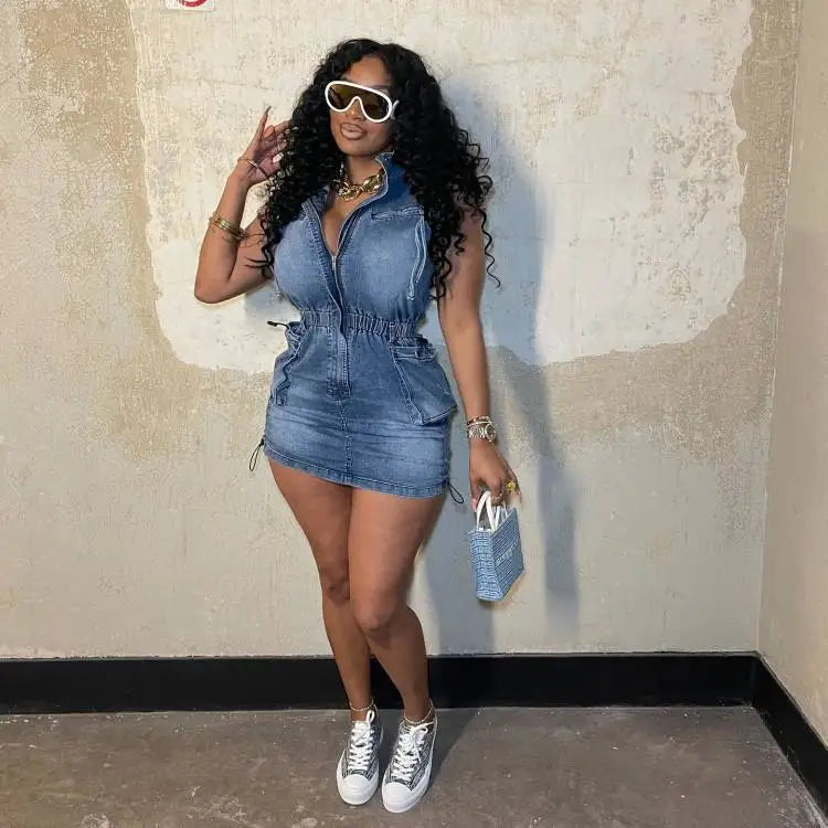 FZ Women's Blue Elastic Waist Sleeveless Mini Denim Dress - FZwear