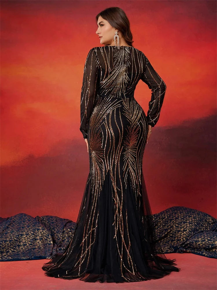 FZ Women's Plus Size Long Sleeves Sequins Mermaid Maxi Evening Dress