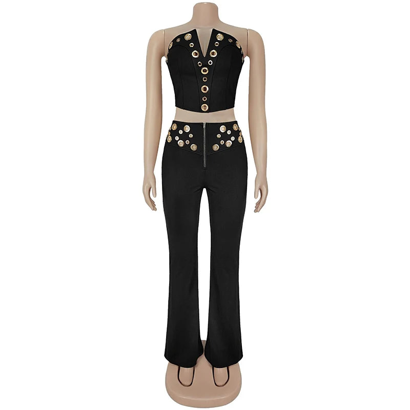 FZ Women's Eyelet Runway Sequins Wide Legs Pants Suit