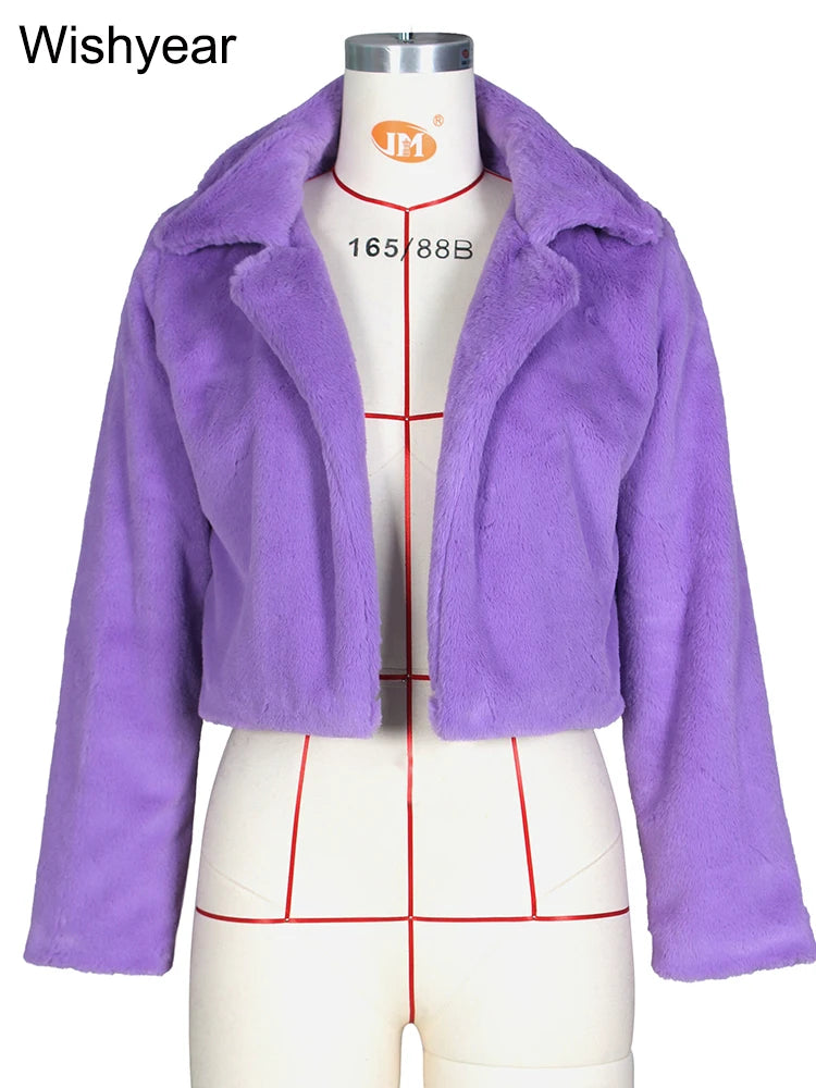 FZ Women's Faux Fur Open Stitch Lapel Crop Winter Fluffy Jacket