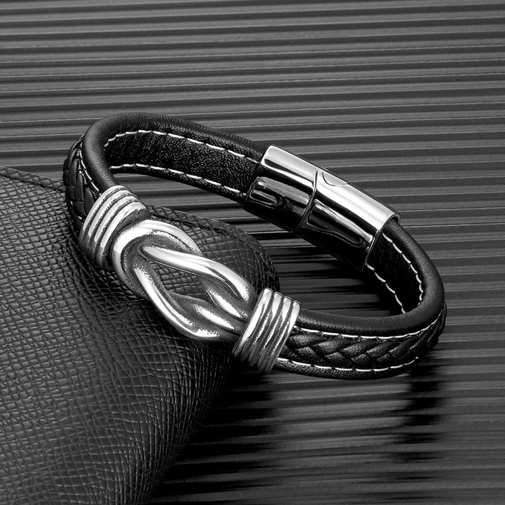 FZ Punk Retro Square Knot Leather Stainless Steel Magnet Buckle Bracelet - FZwear