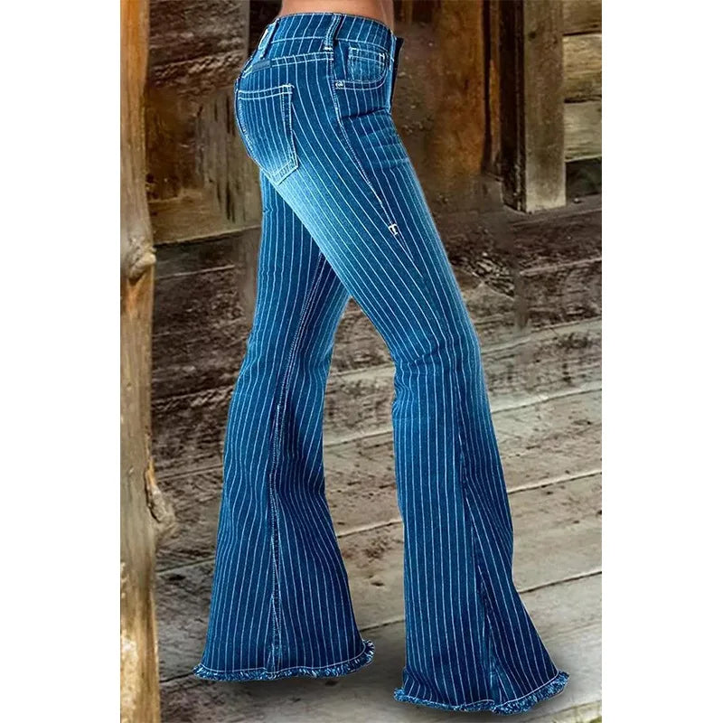 FZ Women's Wear Popular Mid Rise Striped Flare Denim Pants - FZwear