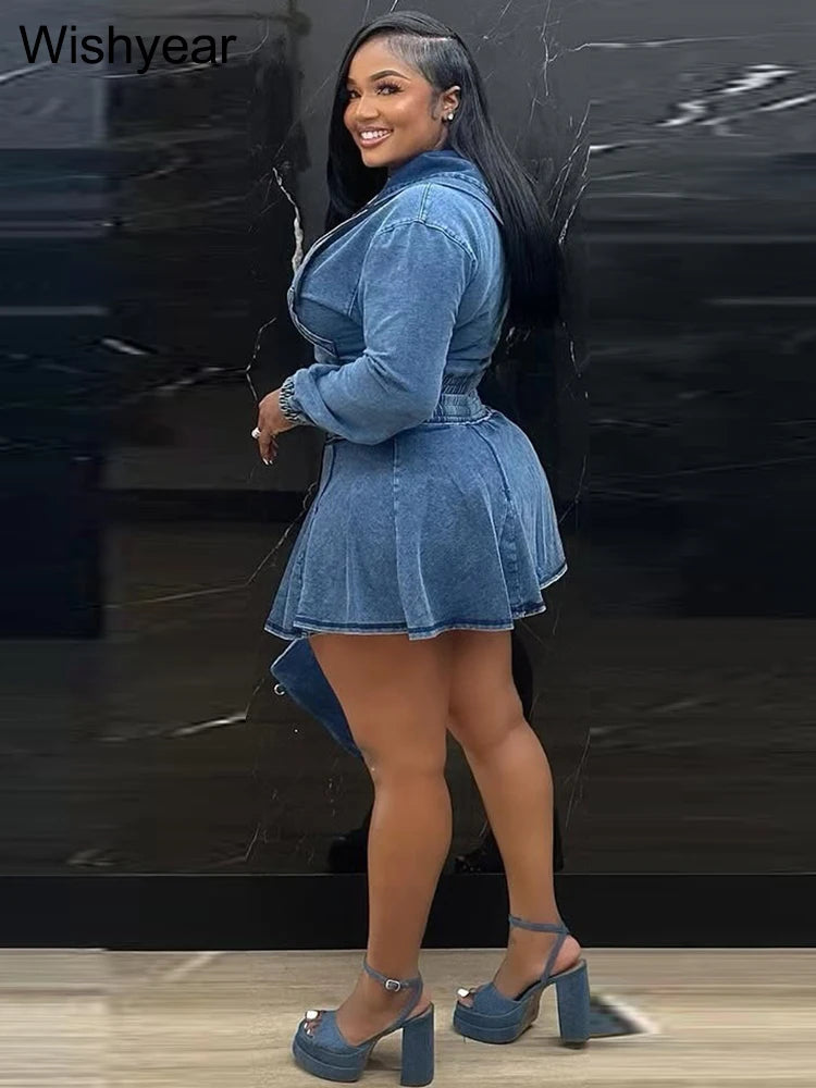 FZ Women's Long Sleeve Hooded Pleated Vintage Wash 2 Piece Denim Skirt Suit