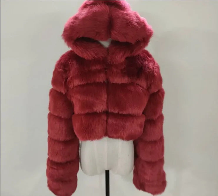 FZ Women's Faux Fur Thick Warm Hooded Open Stitch Short Coat Jacket