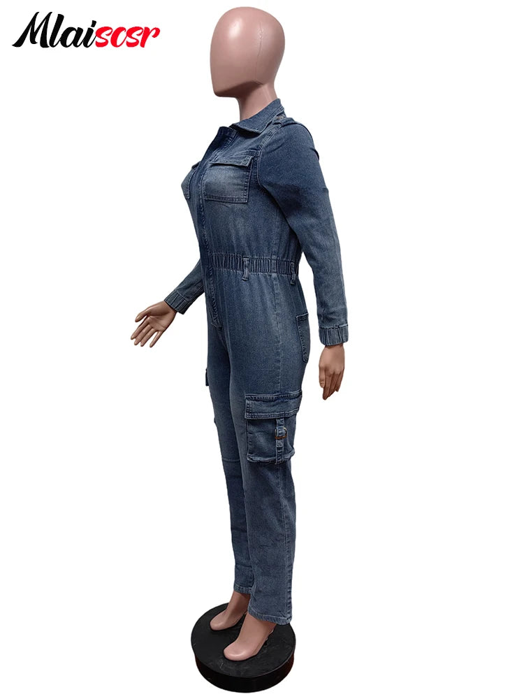 FZ Women's Winter Zipper Elastic Waist One Piece Stretch Denim Jumpsuit